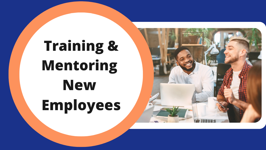 Text: Training and Mentoring New Employees Image: A team leader welcoming a new member of staff.